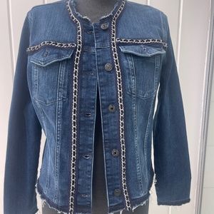 NEW 7 FOR ALL MANKIND DENIM FRAYED JACKET SILVER CHAIN DETAIL